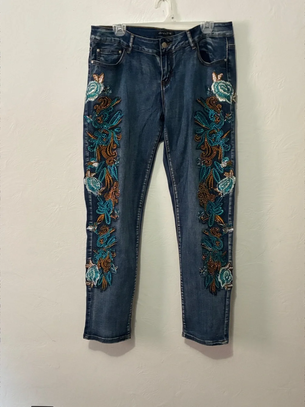 Juliette Embellished Dark Blue Jeans with Teal & Bronze Floral Detail - Picture 2 of 11